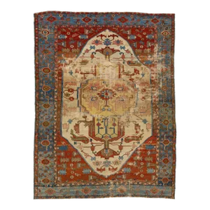 1890s Multicolor Antique Wool Rug Persian Serapi Featuring a Medallion Design