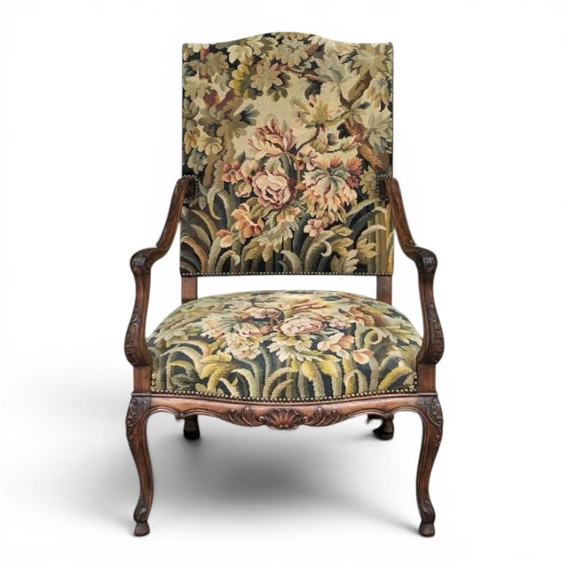 French 19th Century French Louis XV Fruitwood Fauteuil ~ Armchair With Floral Needlepoint For Sale - Image 3 of 15