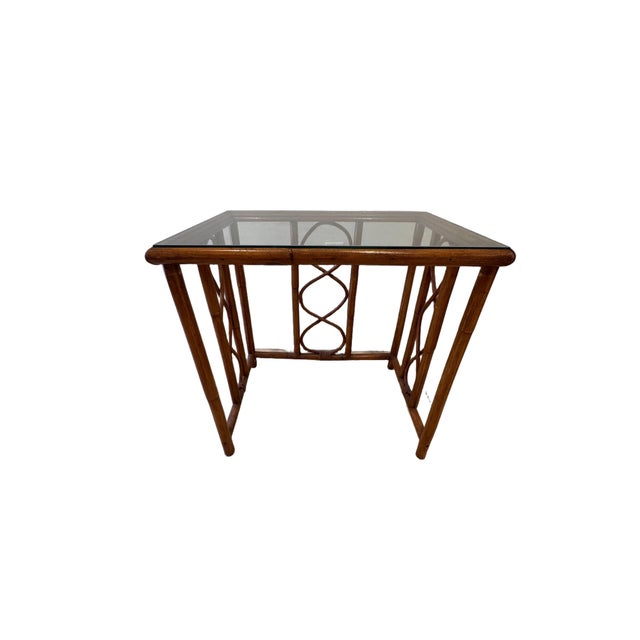 Vintage Burnt Bamboo Rattan Nesting Tables With Glass Tops, Set of 3, C. 1970s For Sale In Miami - Image 6 of 17