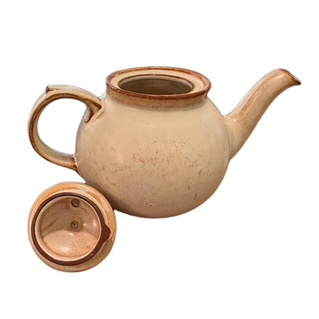 Mid-Century Modern Vintage Mid Century Cream & Brown Speckled Stoneware Teapot For Sale - Image 3 of 4
