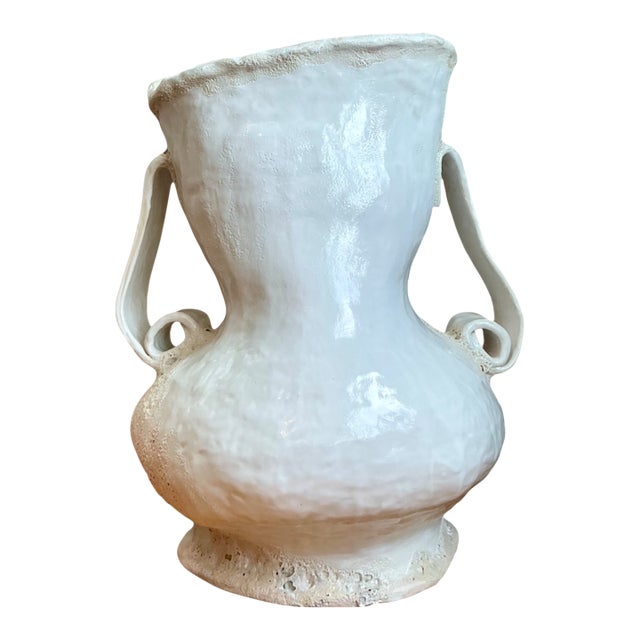 Vintage Monumental White Ceramic Double-Handled Vase For Sale