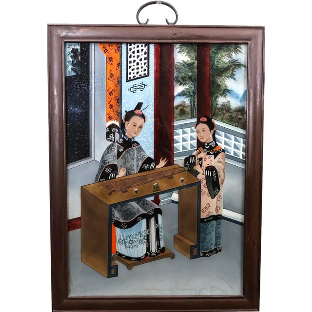 Antique Chinese Qing Dynasty Reverse Glass Painting Scholars Garden Scene This exquisite nineteenth-century Chinese...