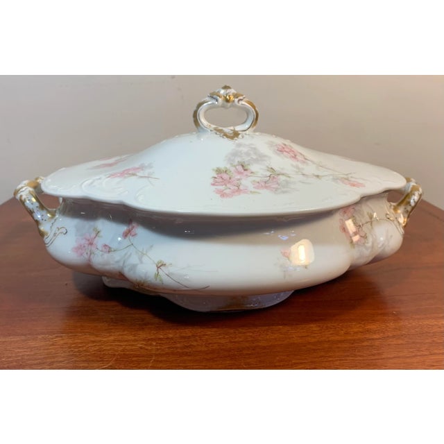 Antique Haviland & Co., France, porcelain, floral decorated with gold, serving dish with lid. Oval shape with scalloped...