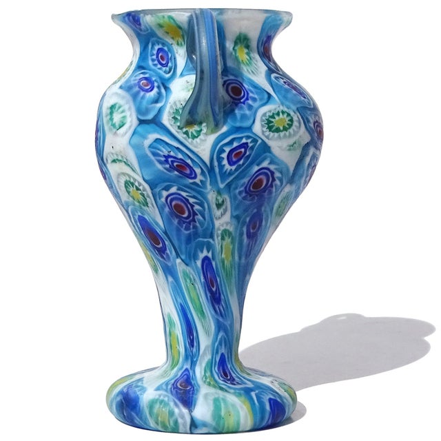Abstract Murano Fratelli Toso Antique Italian Art Glass Millefiori Flowerr Mosaic Double Handles Design Vase For Sale - Image 3 of 7
