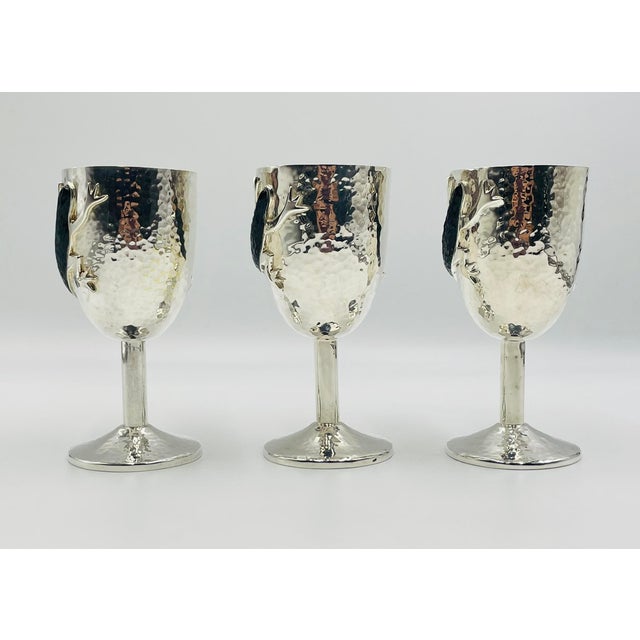 Modern 1980s Set of 3 Emilia Castillo Silver Plated Goblets With Black Onyx Lizards, Mexico For Sale - Image 3 of 15