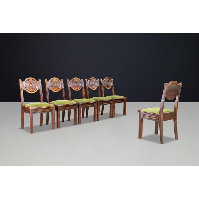 Vintage French Carved Oak Dining Chairs with Original Velvet, 1930s, Set of 6 For Sale - Image 4 of 11