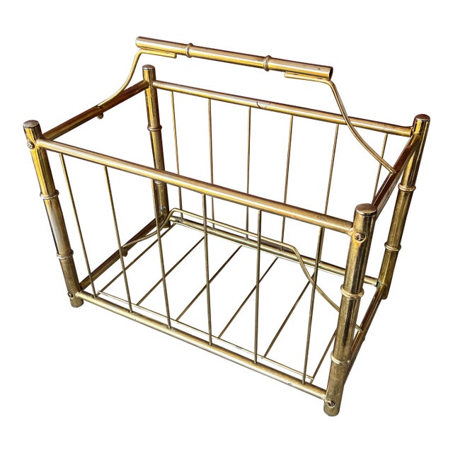Vintage Brass Bamboo-Style Magazine Holder With Wire Frame & Handle For Sale