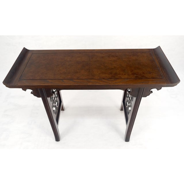Baker Solid Walnut Pierced Carved Legs Rolled Edge Asian Console Sofa Table MINT For Sale - Image 11 of 15