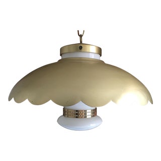 1950s Mid-Century Scalloped Edge Brushed Brass & Milk Glass Swag Light Pendant For Sale
