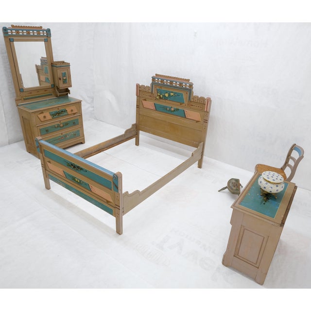 5 Pieces Victorian Hand Painted Dresser Mirror King Bed Headboard Chair Footstool Drawers Dimensions: High Dresser:...