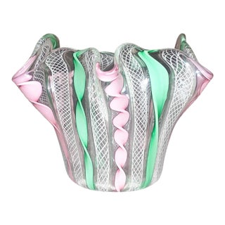Vintage Venetian Murano Style Latticino Hand Blown Ruffled Handkerchief Vase For Sale