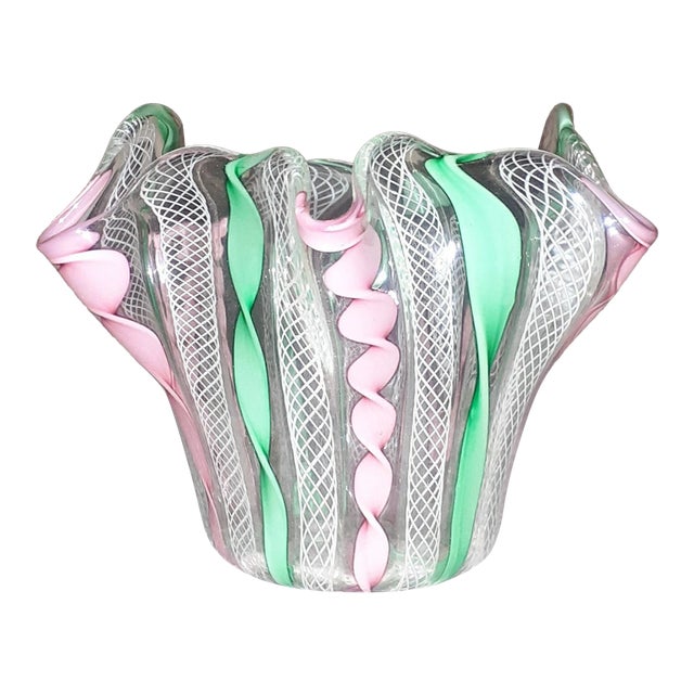 Vintage Venetian Murano Style Latticino Hand Blown Ruffled Handkerchief Vase For Sale