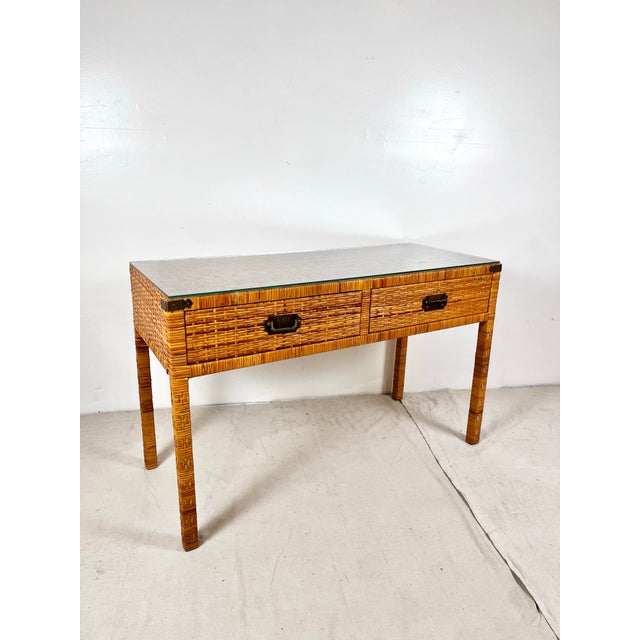 Boho Chic Vintage Woven Caning Wrapped Rattan Campaign Console Table Desk For Sale - Image 3 of 12