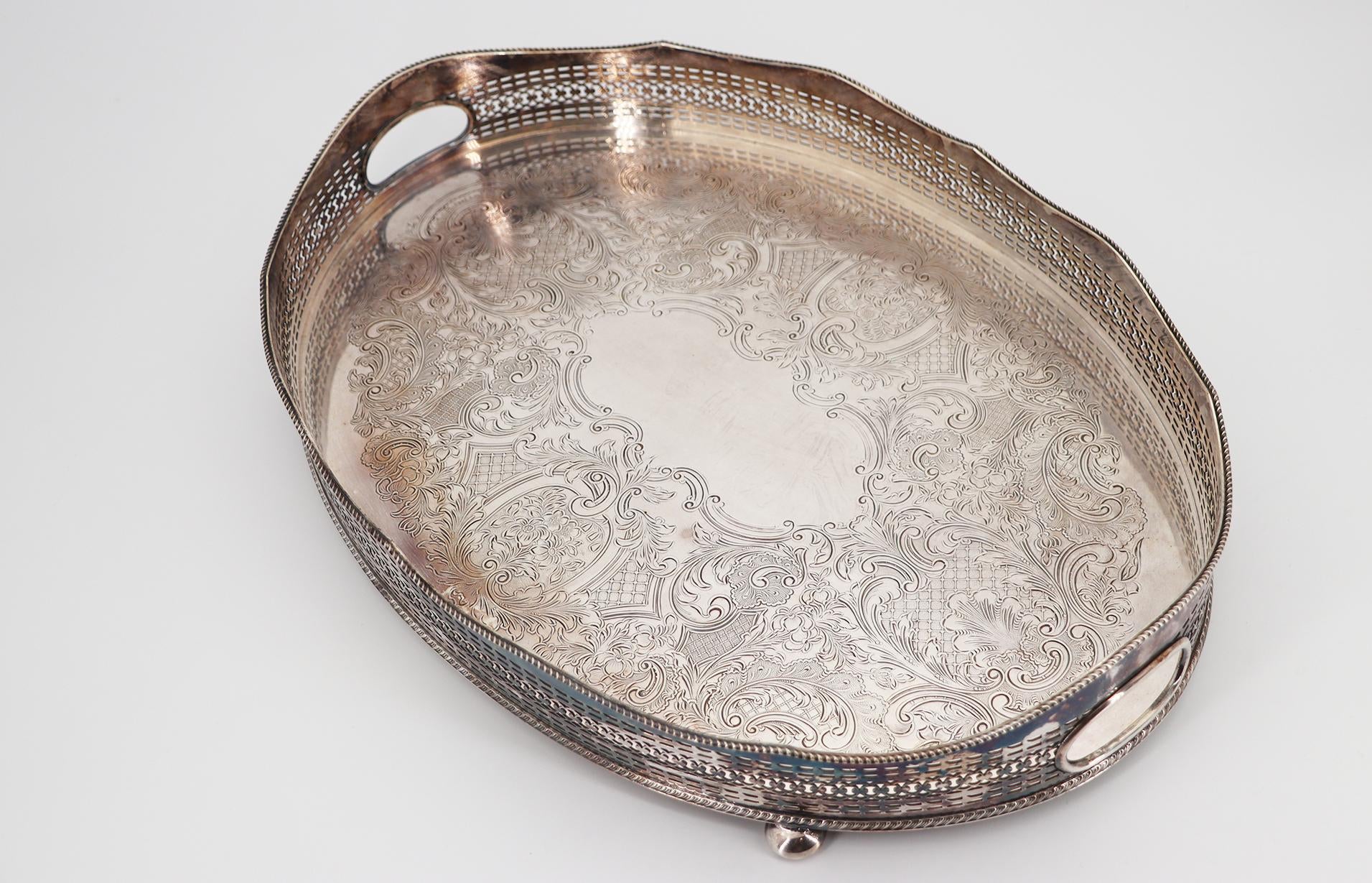 ♥Barker Ellis（バーカーエリス）シルバー脚付き皿 1940s Barker Ellis Large Silver Plate Footed Serving Tray, English