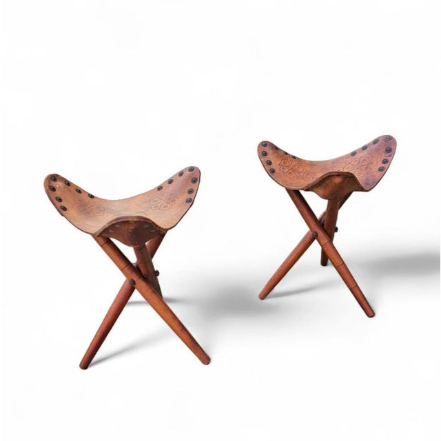 Vintage Tooled Leather Tripod Chairs, Set of 2 For Sale - Image 16 of 18