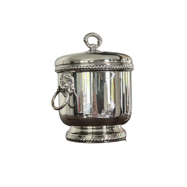 Silver Vintage the Sheffield Silver Co. Silver-Plated Ice Bucket With Lion Head Handles, Milk Glass Liner & Ornate Ice Tongs | Hollywood Regency Barware For Sale - Image 8 of 15
