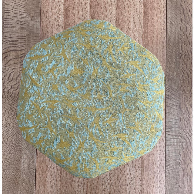 Chartreuse Vintage Mid-Century Oak Footstool With Geometric Needlepoint Tapestry For Sale - Image 8 of 9