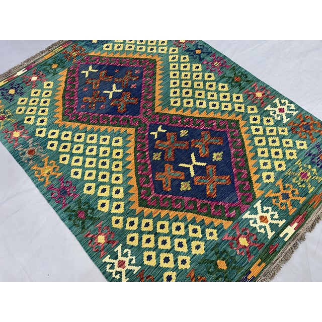 4'5" X 5'10" Green Afghan Chobi Kazak Geometric Wool Flatweave Kilim Rug For Sale - Image 4 of 16