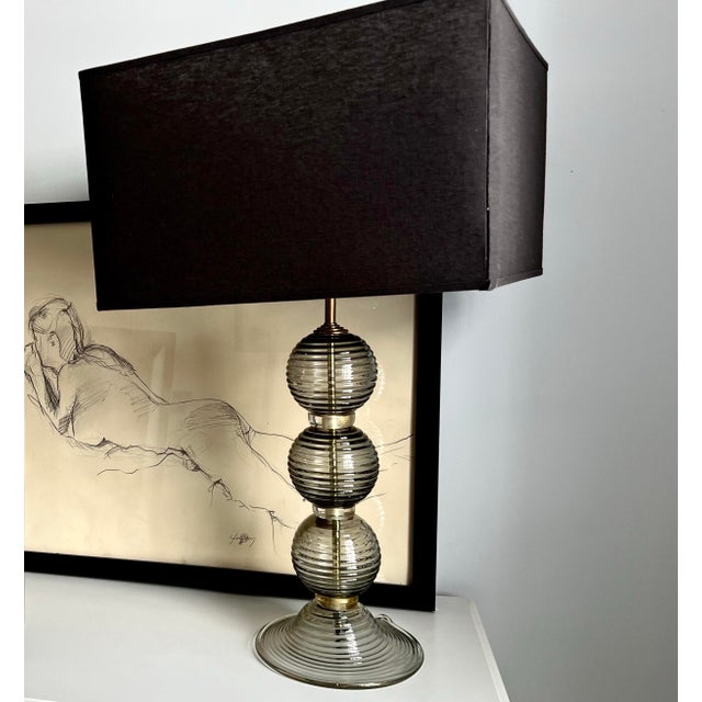 Brass Art Deco Table Lamps -- Pair of 1930s Art Deco Handblown Ribbed & Smoked Glass Table Lamps With Brass Fittings For Sale - Image 8 of 8