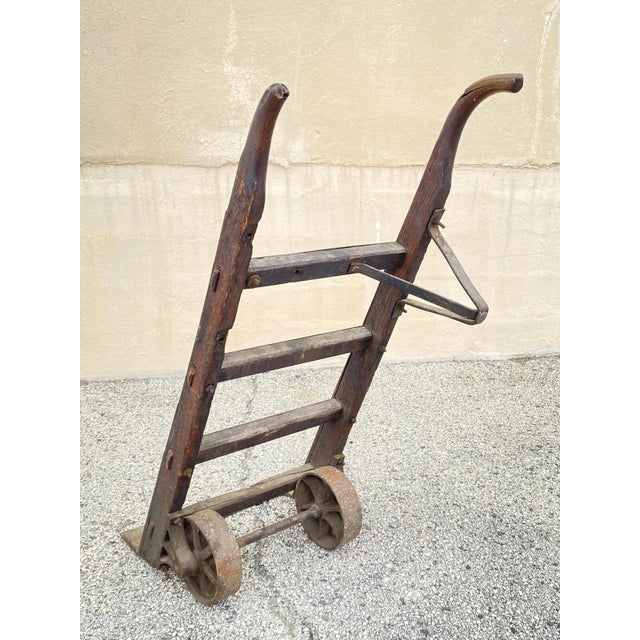 Industrial Antique Industrial Vintage Oak Wood and Steel Metal Factory Hand Truck For Sale - Image 3 of 12