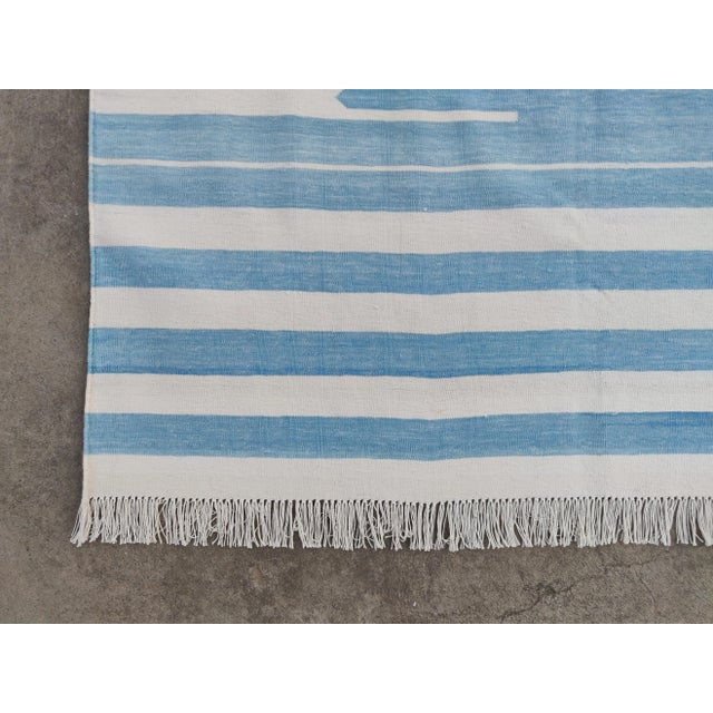 Handmade Reversible Cotton Vegetable Dyed Blue and White Striped Rug-6'x9' For Sale - Image 10 of 12