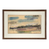 Mid Century Modern Farmhouse Landscape in Watercolor and Ink on Paper by Robin Gay McCline For Sale