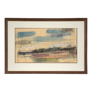 Mid Century Modern Farmhouse Landscape in Watercolor and Ink on Paper by Robin Gay McCline For Sale