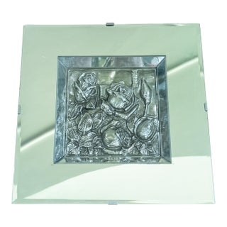 Mid-Century Mirror Shadowbox Frame With Repousse Silver Floral Art For Sale