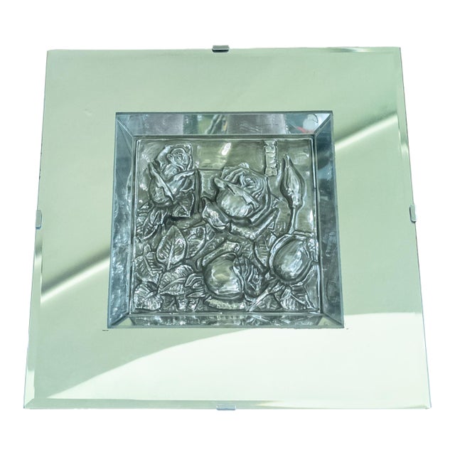 Mid-Century Mirror Shadowbox Frame With Repousse Silver Floral Art For Sale