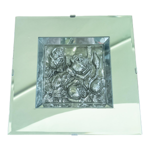Mid-Century Mirror Shadowbox Frame With Repousse Silver Floral Art