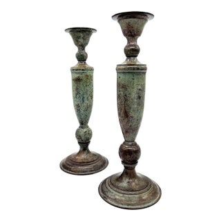 Vintage Brass Candlesticks With Verdigris Finish – Tall Pair – Neoclassical / European Traditional For Sale