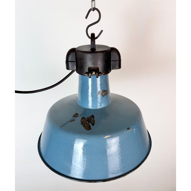 Metal Industrial Blue Enamel Factory Lamp with Cast Iron Top, 1960s For Sale - Image 7 of 18