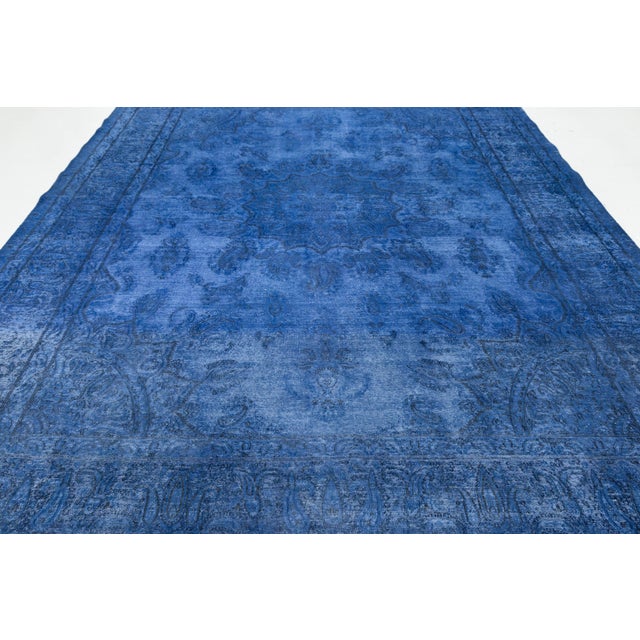 Textile 10x13 Vintage Overdyed Persian Wool Rug - Electric Blue Medallion Hand-Knotted For Sale - Image 7 of 10