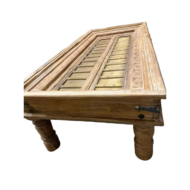 1920s Antique Indian Carved Door Coffee Table – Rustic Brass Clad Statement Accent Table 59 For Sale - Image 5 of 6