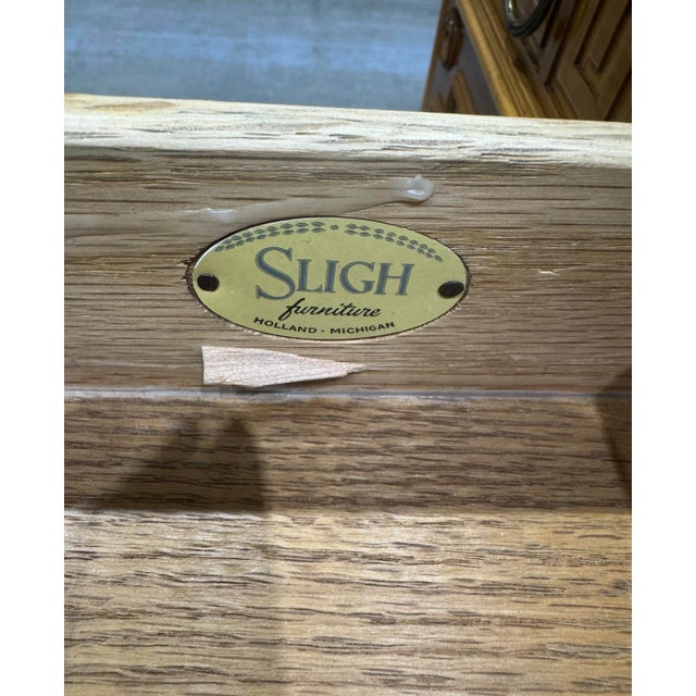 Champagne Fine Vintage Sligh Furniture Greek Key Leather Top Bookcase Front Knotty Pine Desk For Sale - Image 8 of 12