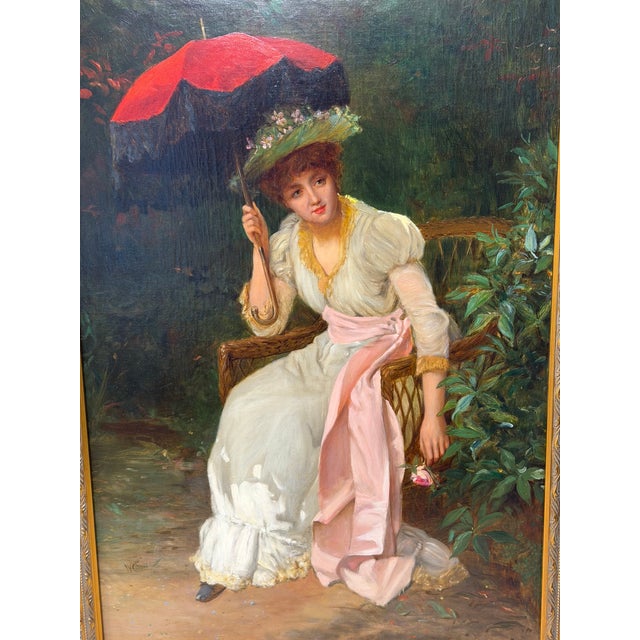 William Oliver Williams Victorian Oil Painting of a Lady with Red Parasol, Circa 1880 William Oliver (William Oliver...