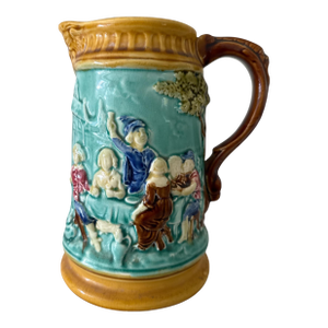 Antique French Majolica Tavern Scene Pitcher – Onnaing Style Figural Jug, Circa 1880–1910