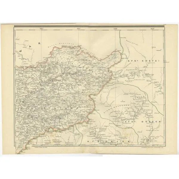 Antique map of West Kalimantan, Borneo. It shows the region of the Schwaner Mountains. This map originates from 'Atlas van...