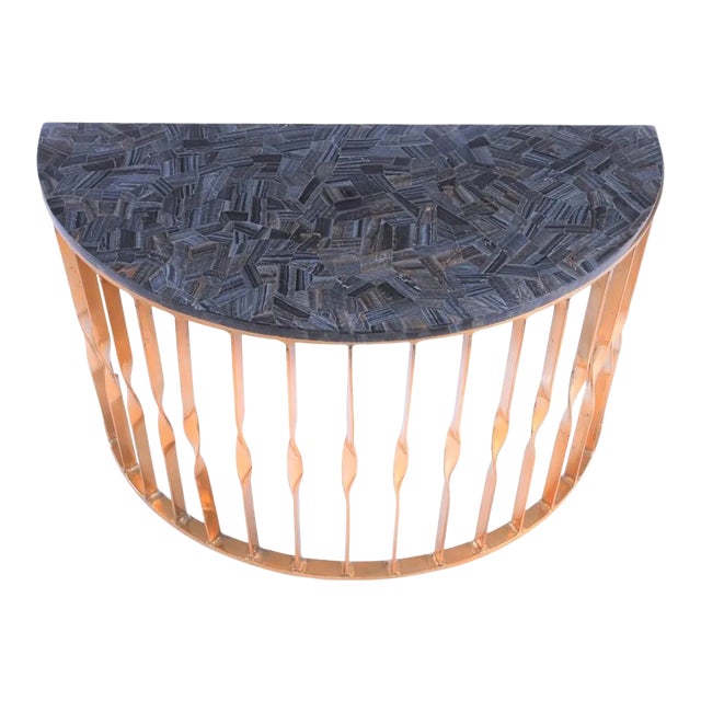 Rare Blue Tiger Eye Precious Stone Hemisphere Table With Designer Base For Sale