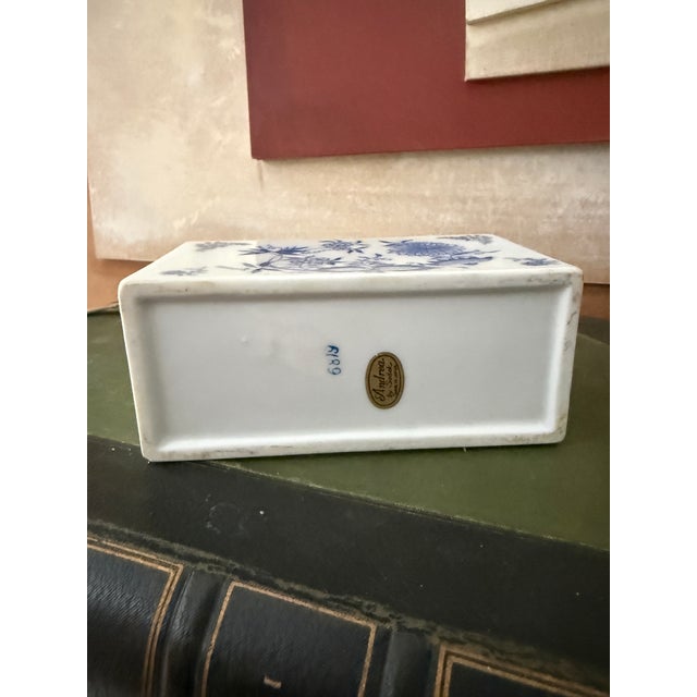 Ceramic Vintage Blue and White Flower Frog Andrea by Sadek Japan Rectangular Floral Vase For Sale - Image 7 of 12