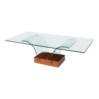 Mid-Century Modernage Curved Glass Cocktail Table W/ Rectilinear Walnut Base For Sale