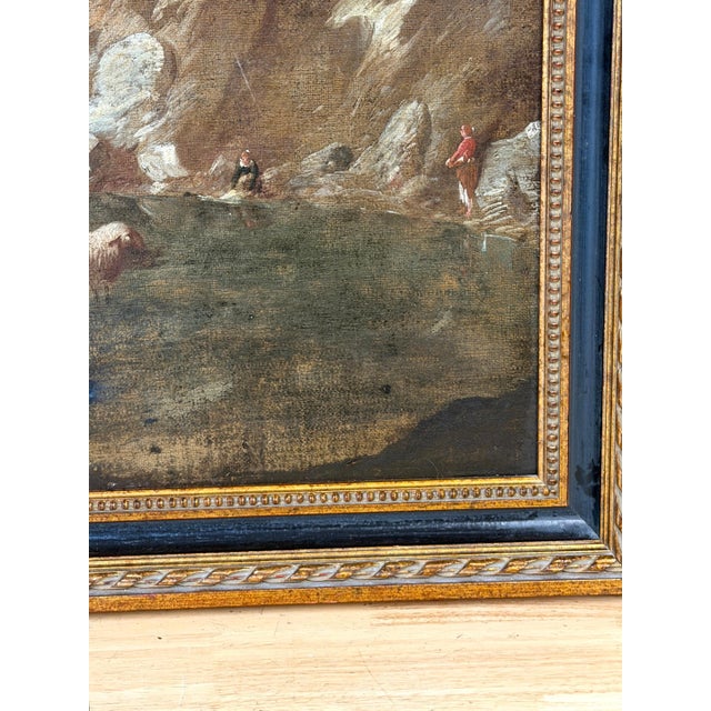 18th Century Dutch/ Flemish Italianate Pastoral River Landscape with Shepards For Sale - Image 17 of 18