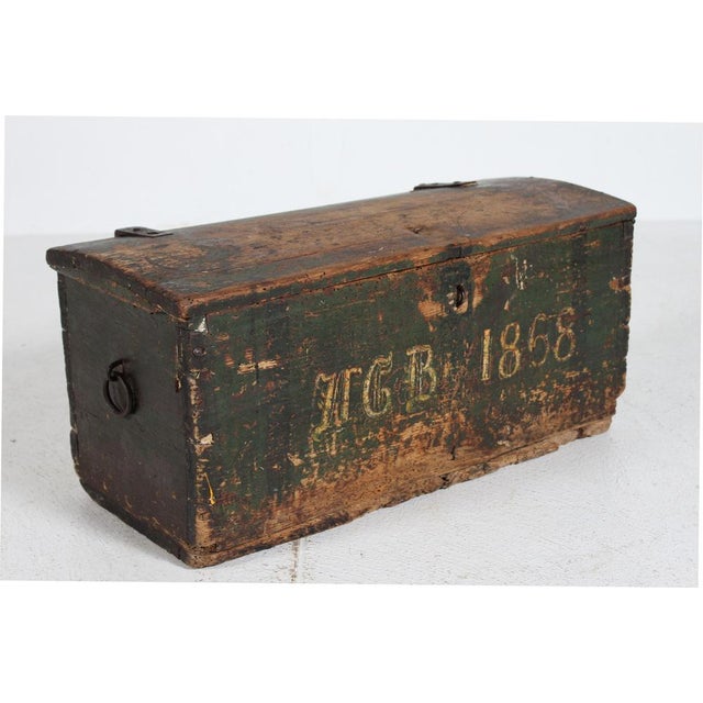 Mid 19th Century Small Antique Swedish Storage Chest in Pine with Green Paint, 1868 For Sale - Image 5 of 15