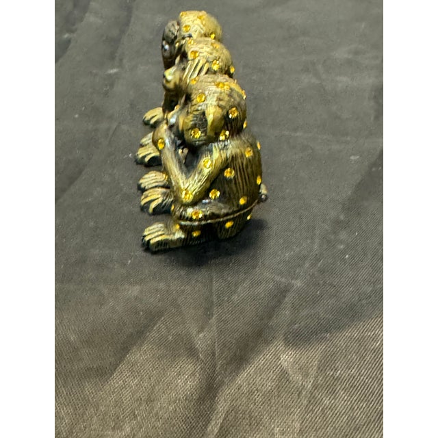 Hollywood Regency Milton & Lorie Three Wise Monkeys Trinket Box Bejeweled Rhinestone Gold Tone VTG For Sale - Image 3 of 12