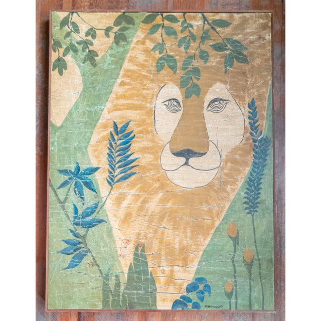 We are selling this great looking Mid-Century painting of a Lion. This lion painting has very attractive worn surface with...