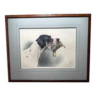 Framed Colored Etching of English Pointer Dog With Partridge, by Boris Riab, C 1940s For Sale