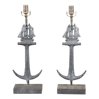 Pair of Iron Table Lamps with Anchors and Sailboats on Rectangular Bases For Sale