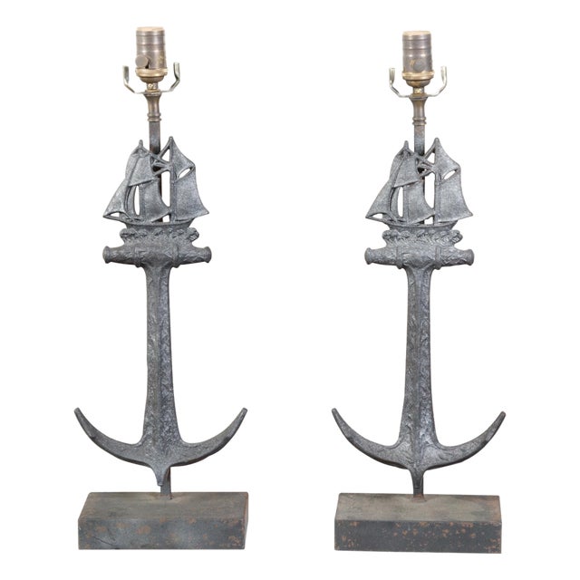 Pair of Iron Table Lamps with Anchors and Sailboats on Rectangular Bases For Sale