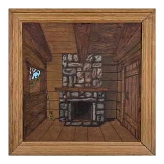 Vintage Folk Art Cabin Interior With Stone Fireplace (C. 1960, Oil on Board) For Sale