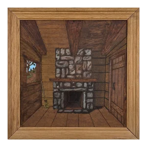 Vintage Folk Art Cabin Interior With Stone Fireplace (C. 1960, Oil on Board)